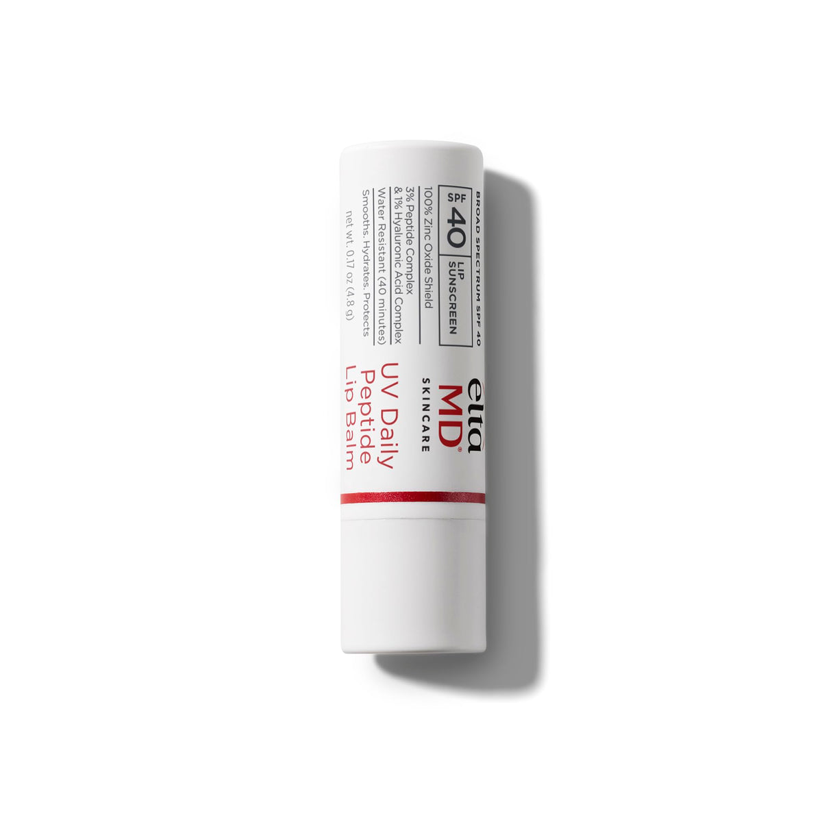 EltaMD lip balm front packaging showing compact tube and branding benefits