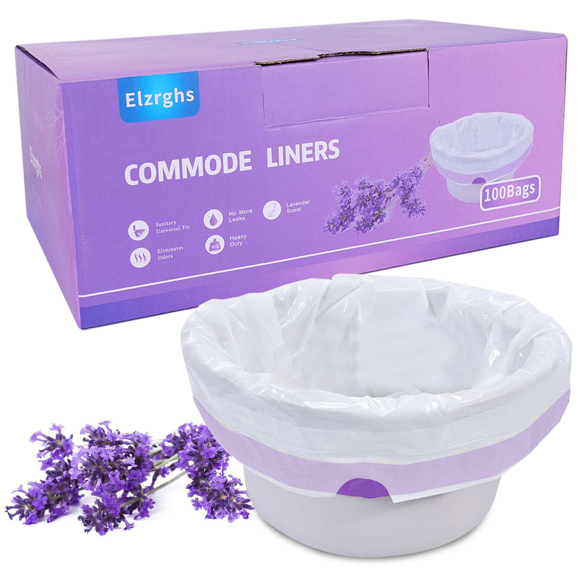 Elzrghs front packaging showing 100-count lavender liners and value pack benefit