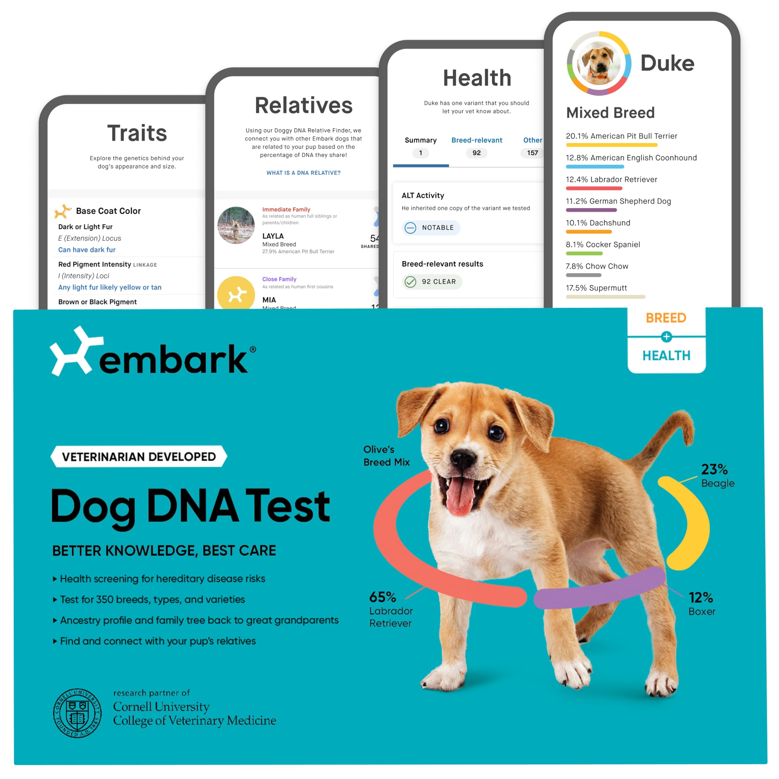 Embark kit front view showing packaging and easy-to-use materials for accurate testing