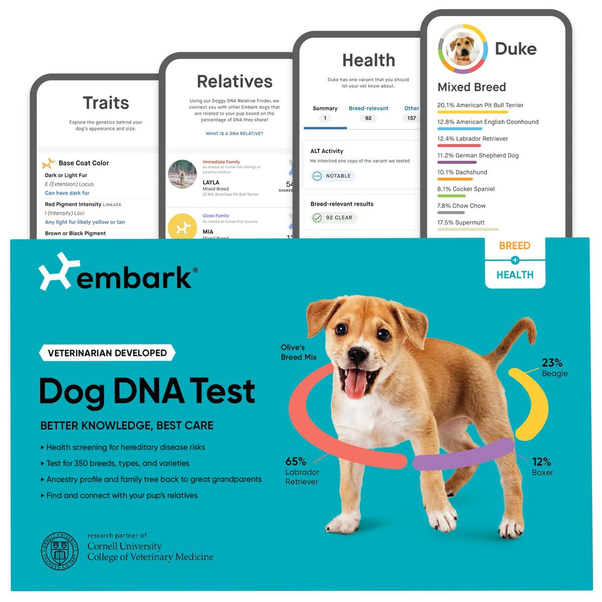 Embark kit front view showing packaging and easy-to-use materials for accurate testing