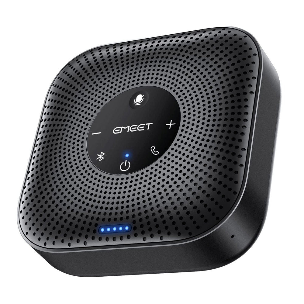 EMEET M0 Plus front view showing speaker grille and controls for clear meetings
