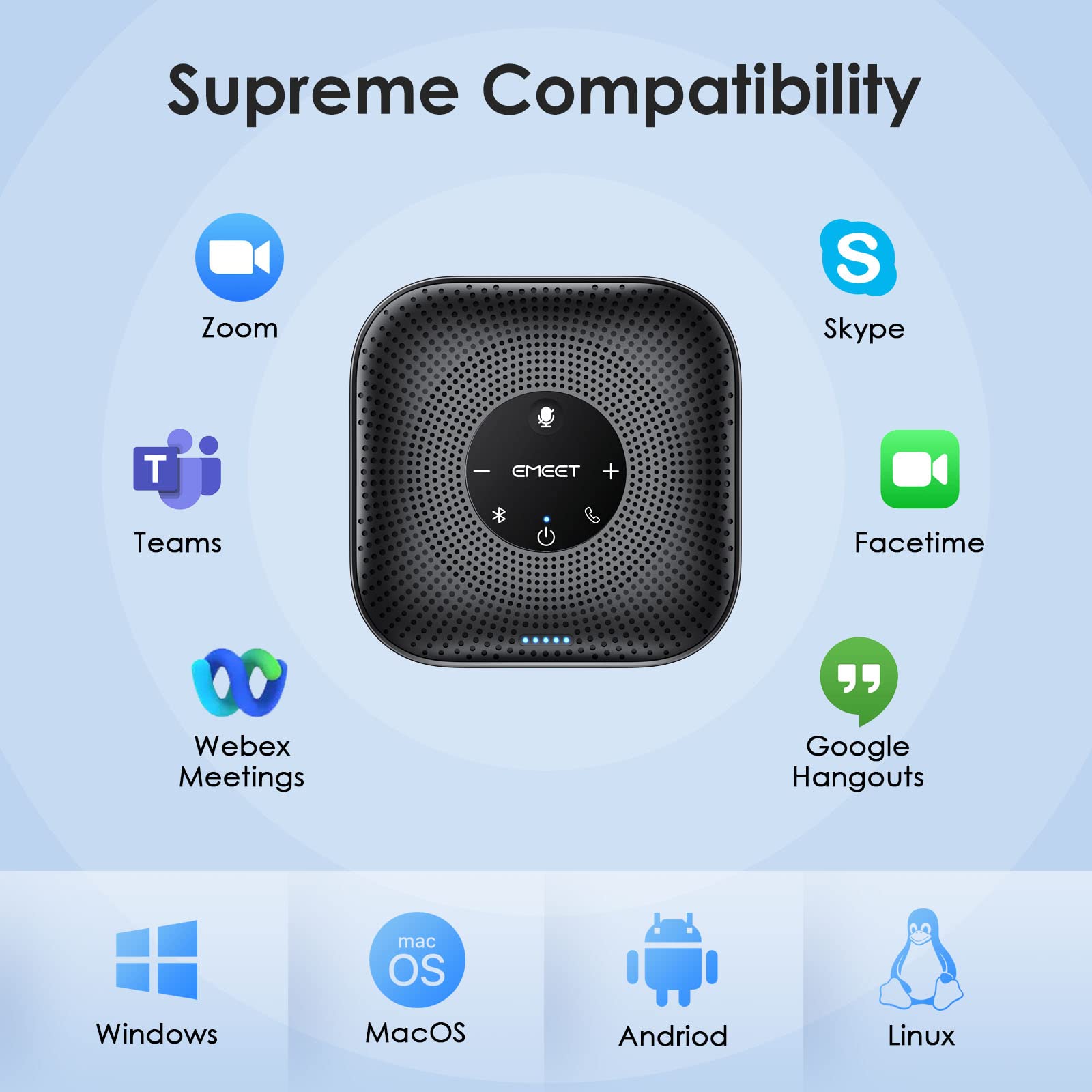 EMEET M0 Plus beside laptop to show compact size and travel convenience