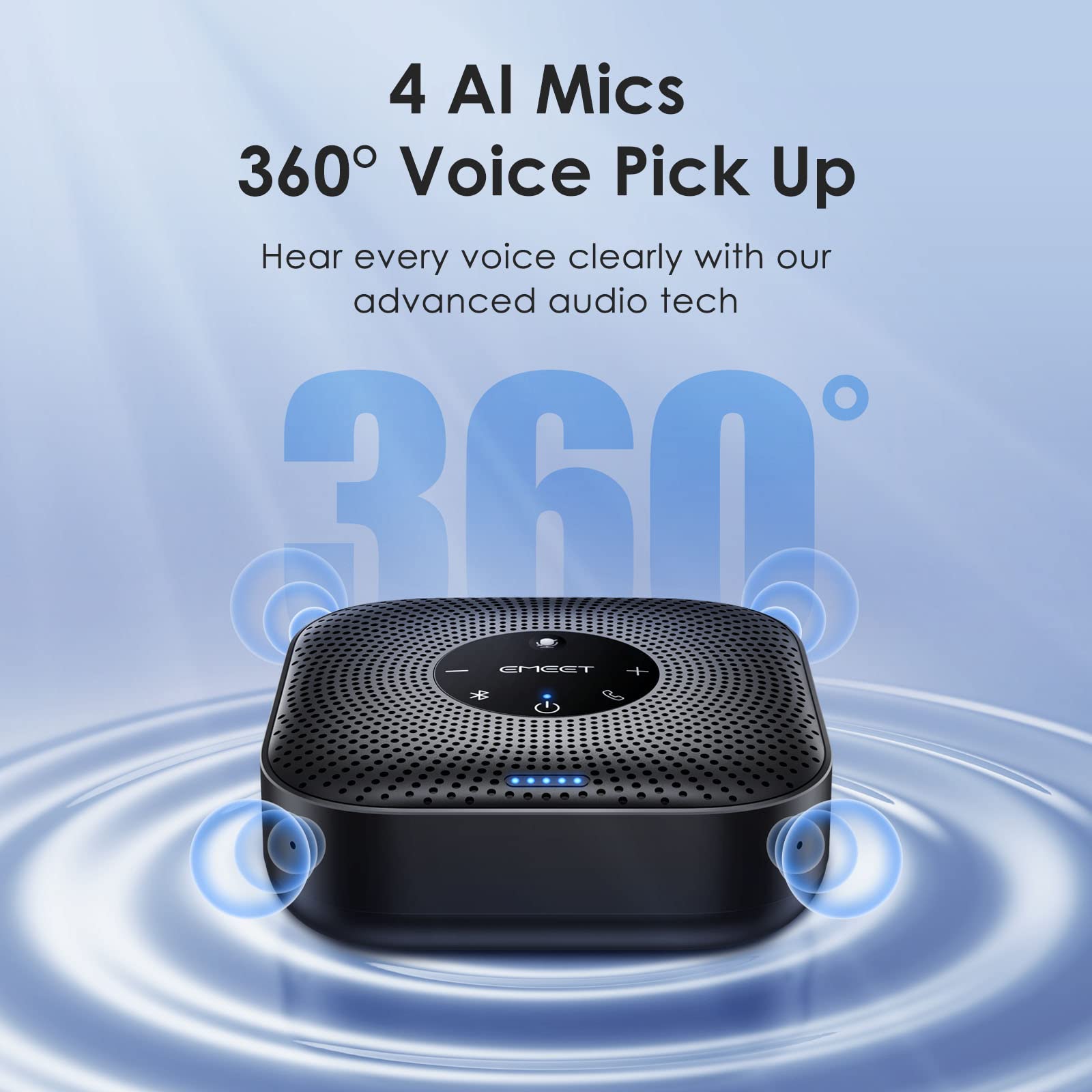 EMEET M0 Plus top mic closeup highlighting four‑mic array for 360° pickup