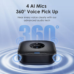 EMEET M0 Plus top mic closeup highlighting four‑mic array for 360° pickup