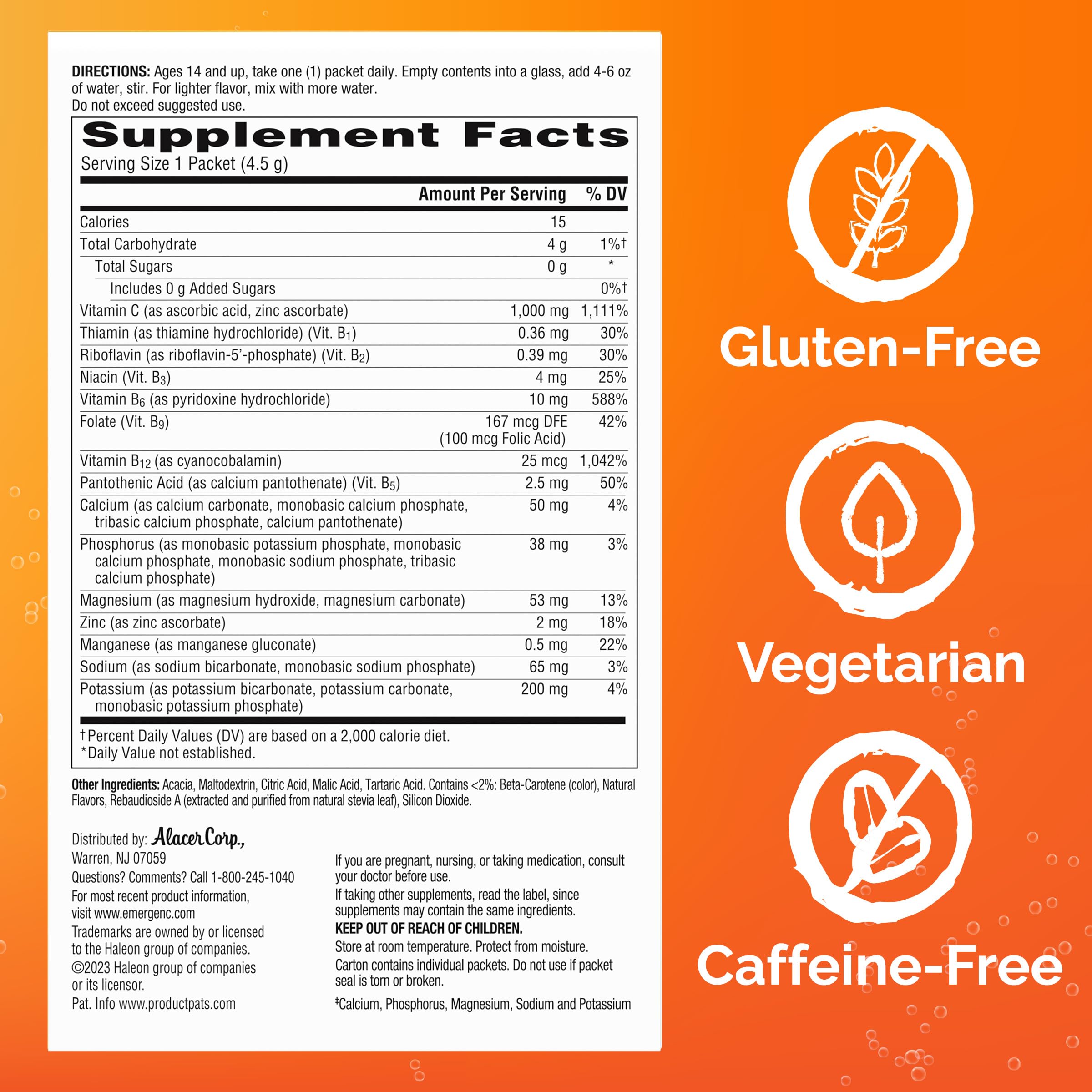 Emergen-C ingredients label close-up showing vitamin and mineral content