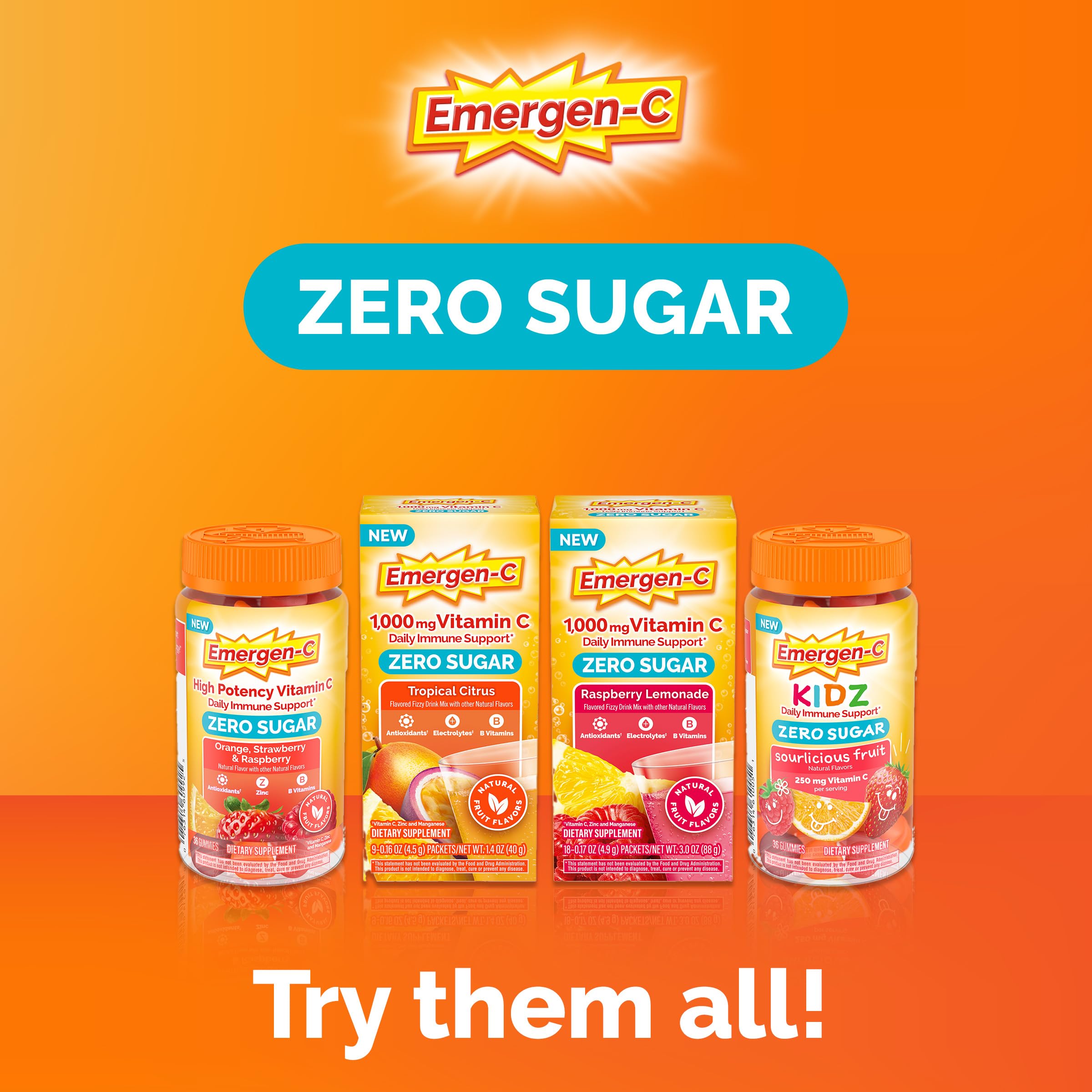 Emergen-C packets scattered on a table illustrating 36-count supply advantage