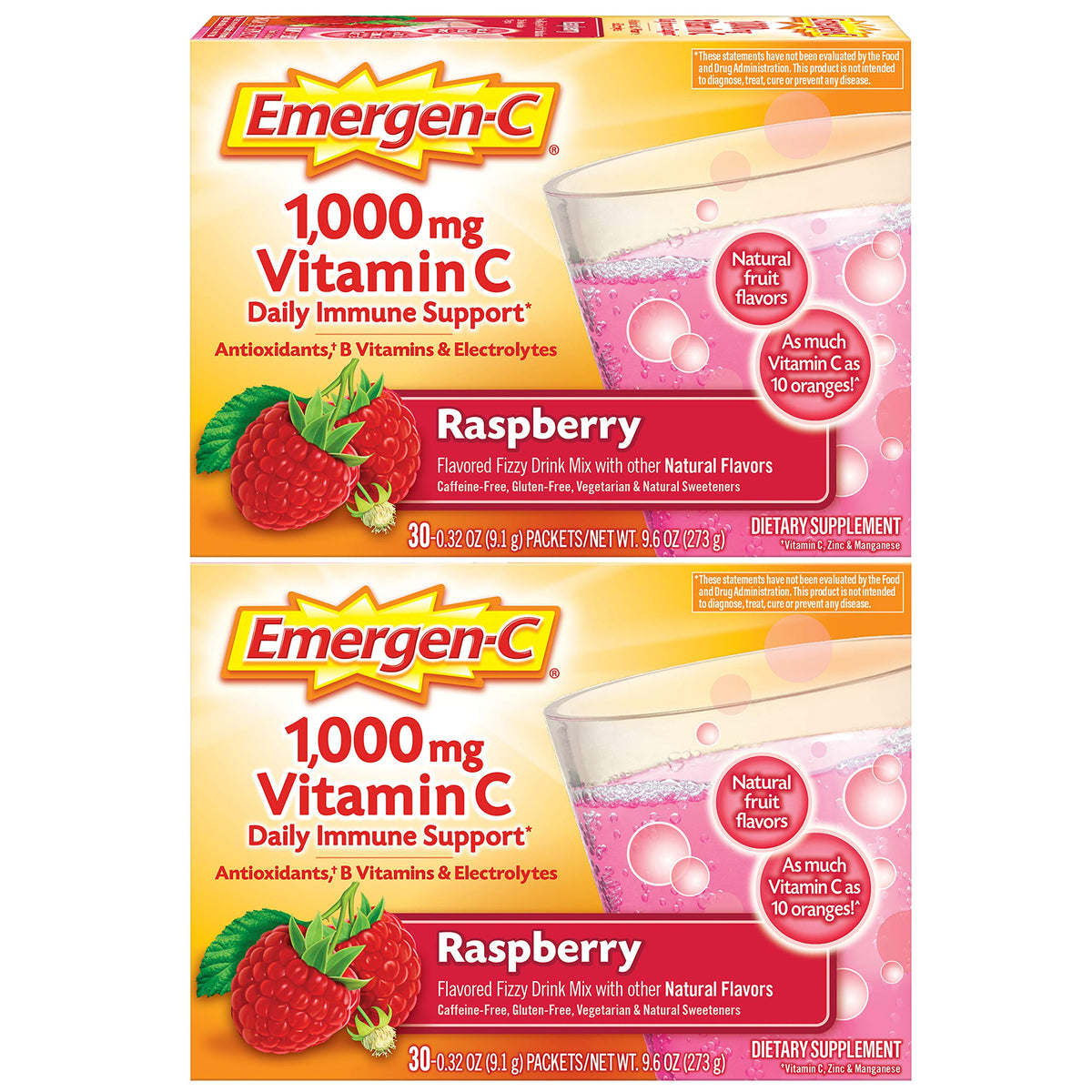 Emergen-C Raspberry front box showing 60 packets and bright packaging for convenience