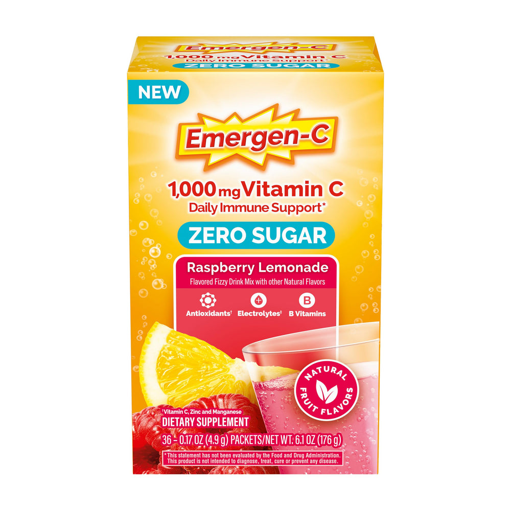 Emergen-C front box showing raspberry lemonade packets and benefits