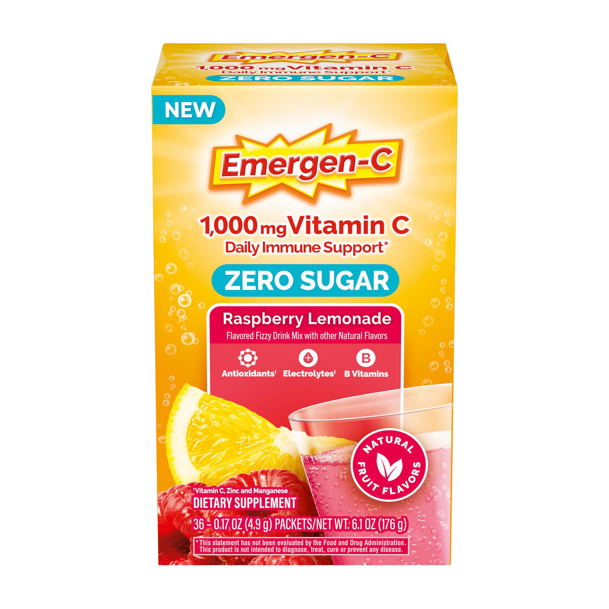 Emergen-C front box showing raspberry lemonade packets and benefits