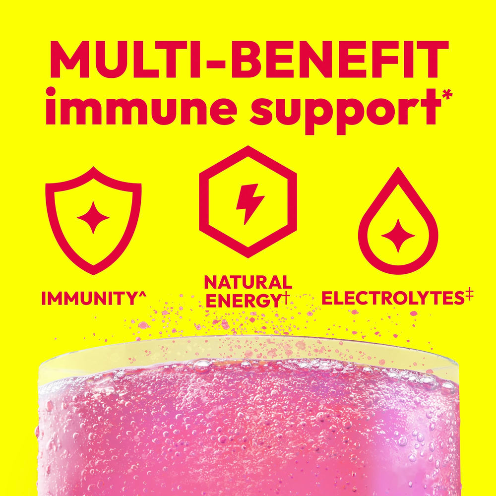 Single Emergen-C Raspberry packet held between fingers, brand and quick dosing visible