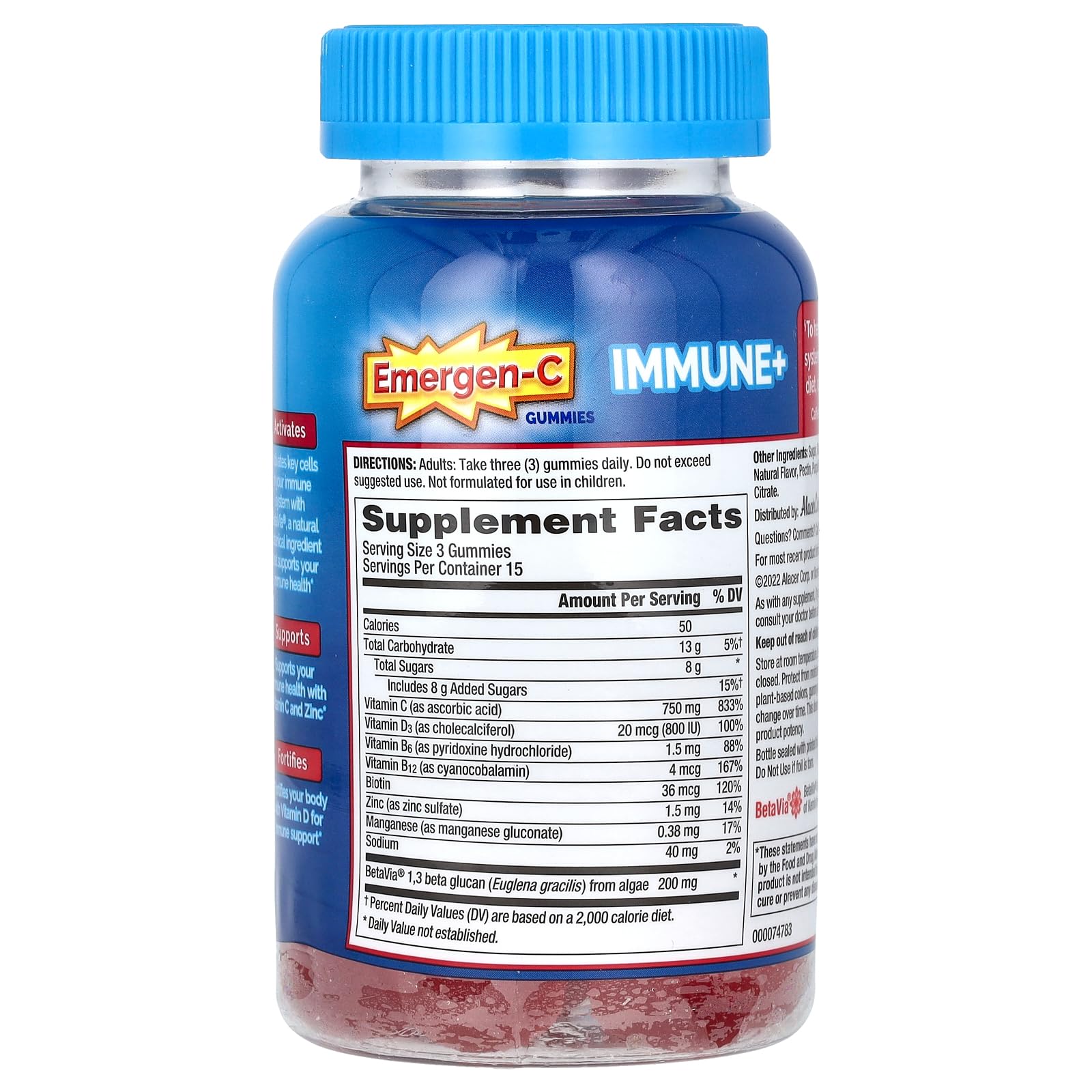 Open Emergen-C bottle pouring gummies, convenient on-the-go immune support