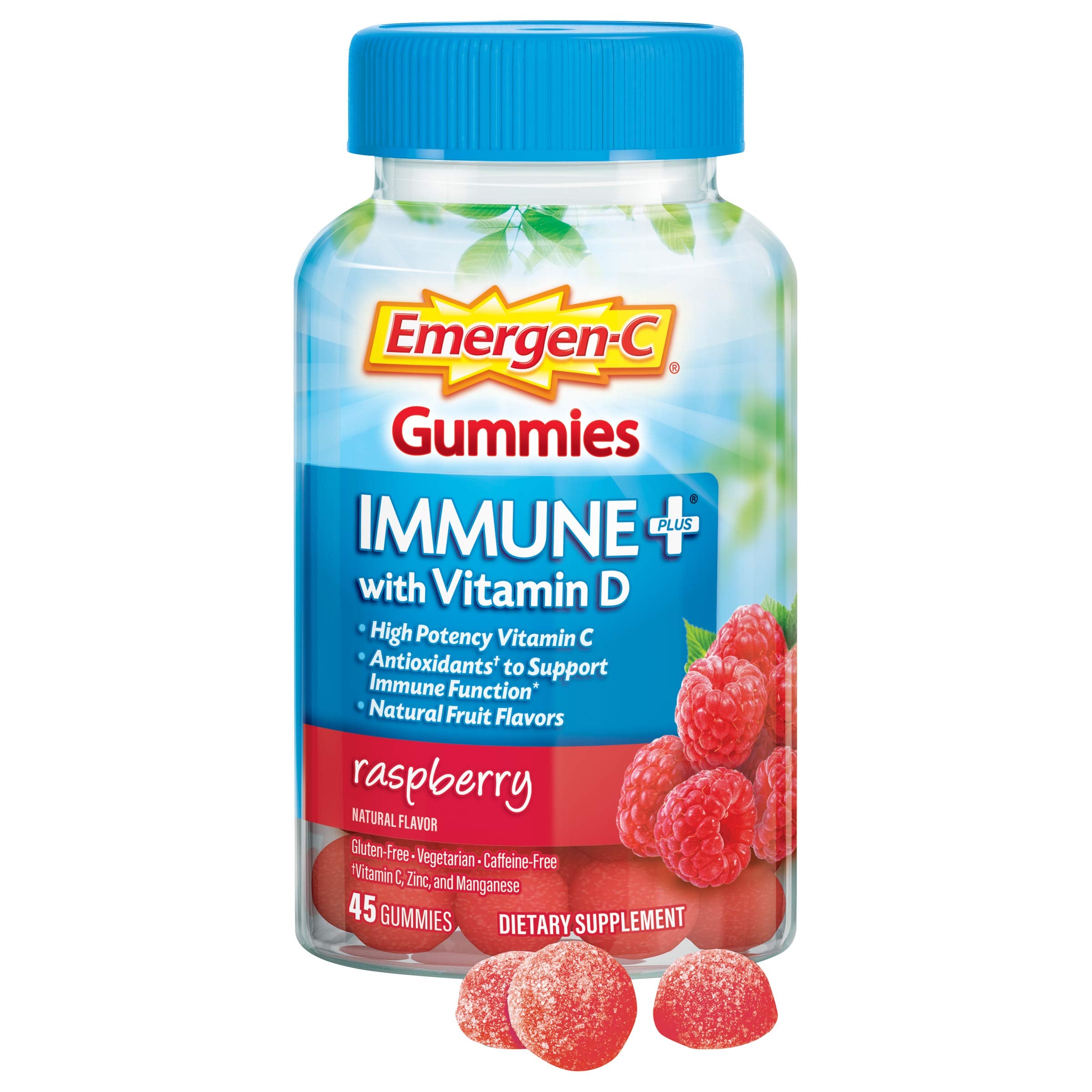 Two Emergen-C gummies displayed to show serving size and portability