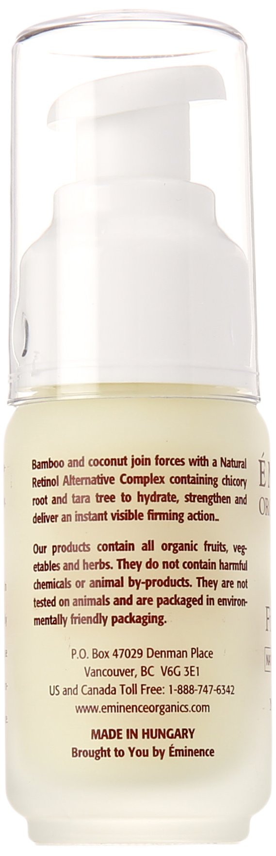 Eminence 1.2 ounce bottle beside a coin showing compact travel-friendly size benefit