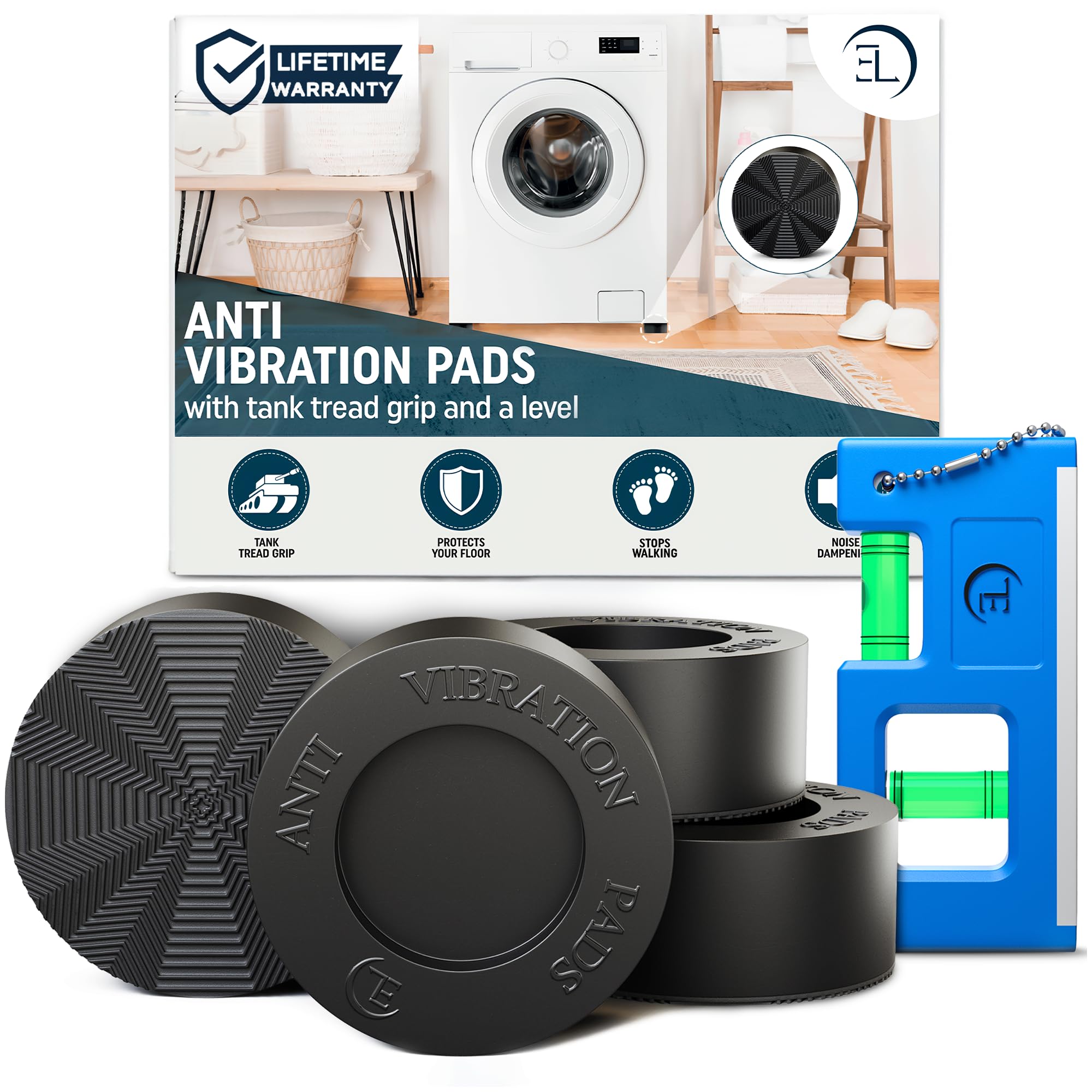 Empire of Electronics front packaging showing four rubber anti vibration pads and level for easy installation