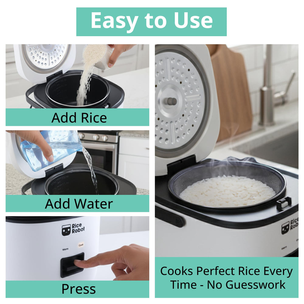 EMSON Rice Robot accessories laid out including measuring cups spoon and recipe book for ready cooking