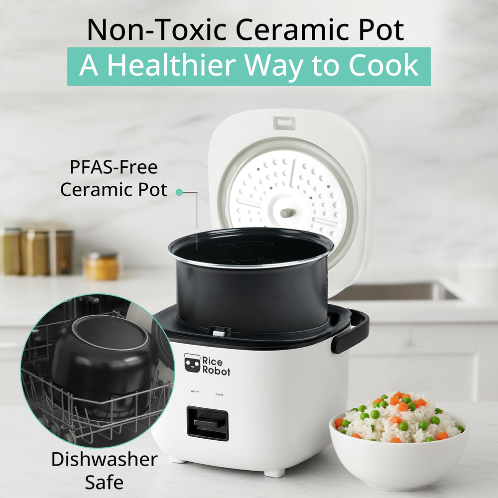 EMSON Rice Robot ceramic inner pot close-up highlighting PFAS-free nonstick for easy cleaning