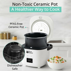 EMSON Rice Robot ceramic inner pot close-up highlighting PFAS-free nonstick for easy cleaning