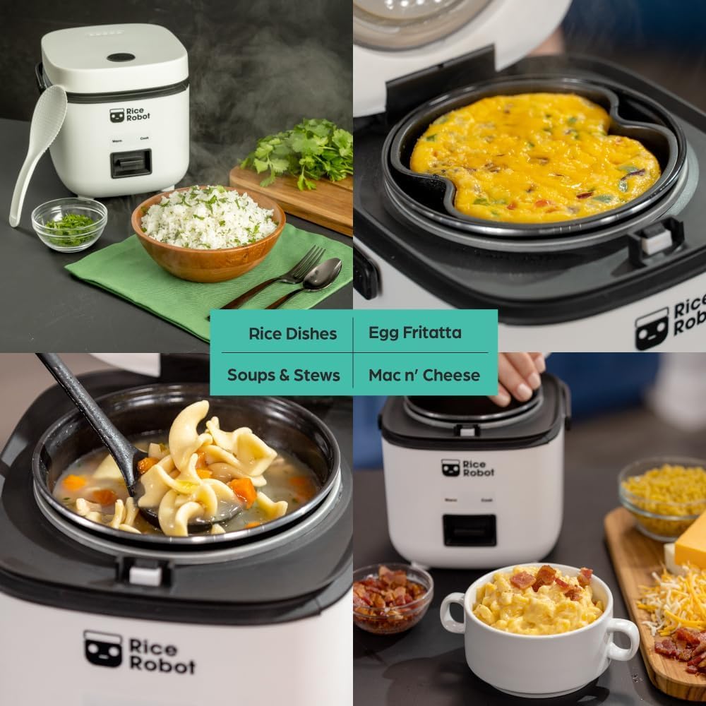 EMSON Rice Robot size comparison next to common mug showing compact footprint for small spaces