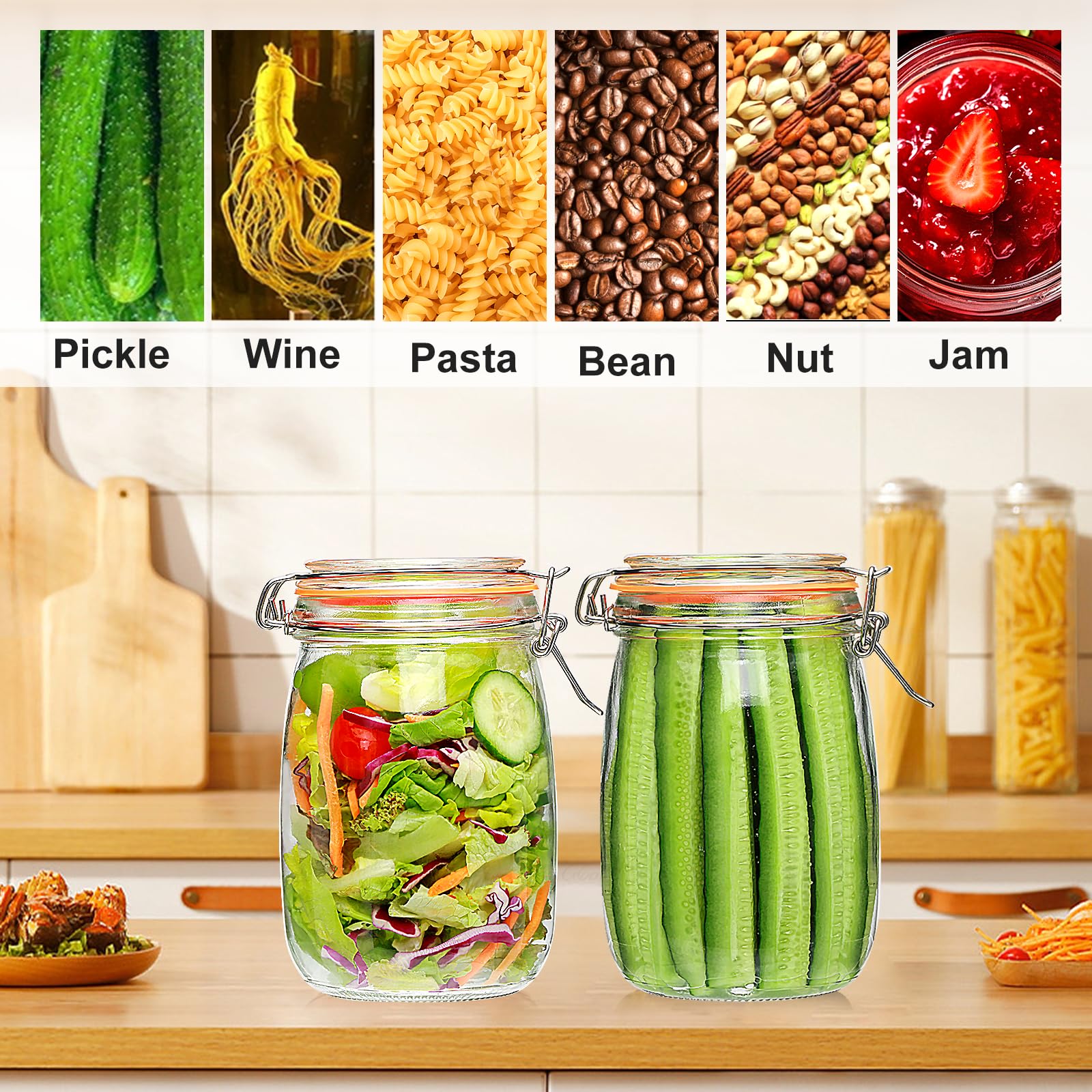 Encheng jars styled on kitchen counter illustrating pantry organization benefit