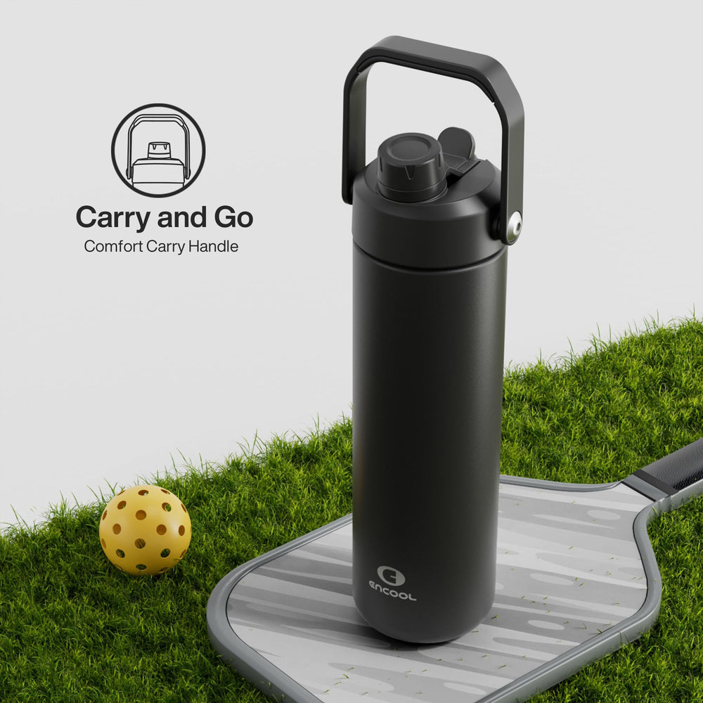 ENCOOL size scale next to phone illustrating 26 oz capacity and daily convenience