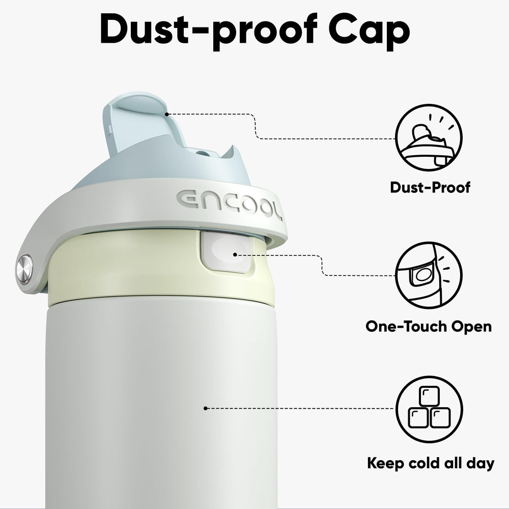 ENCOOL straw lid close-up demonstrating leakproof mechanism and easy drinking