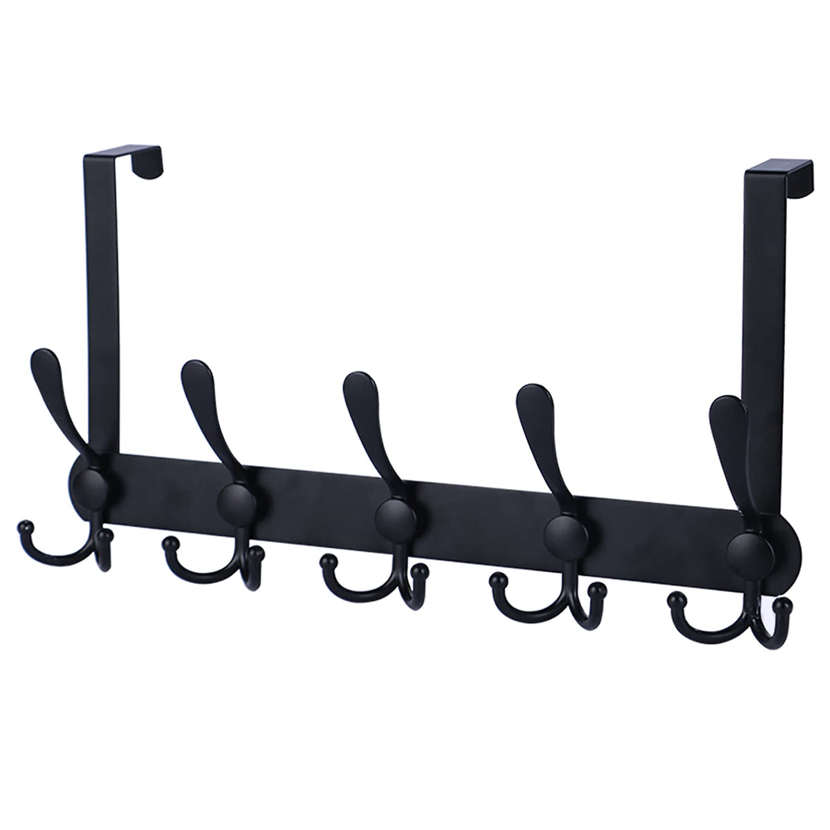 Encozy front view of over-the-door hooks showing modern black finish and three-hook design for space-saving