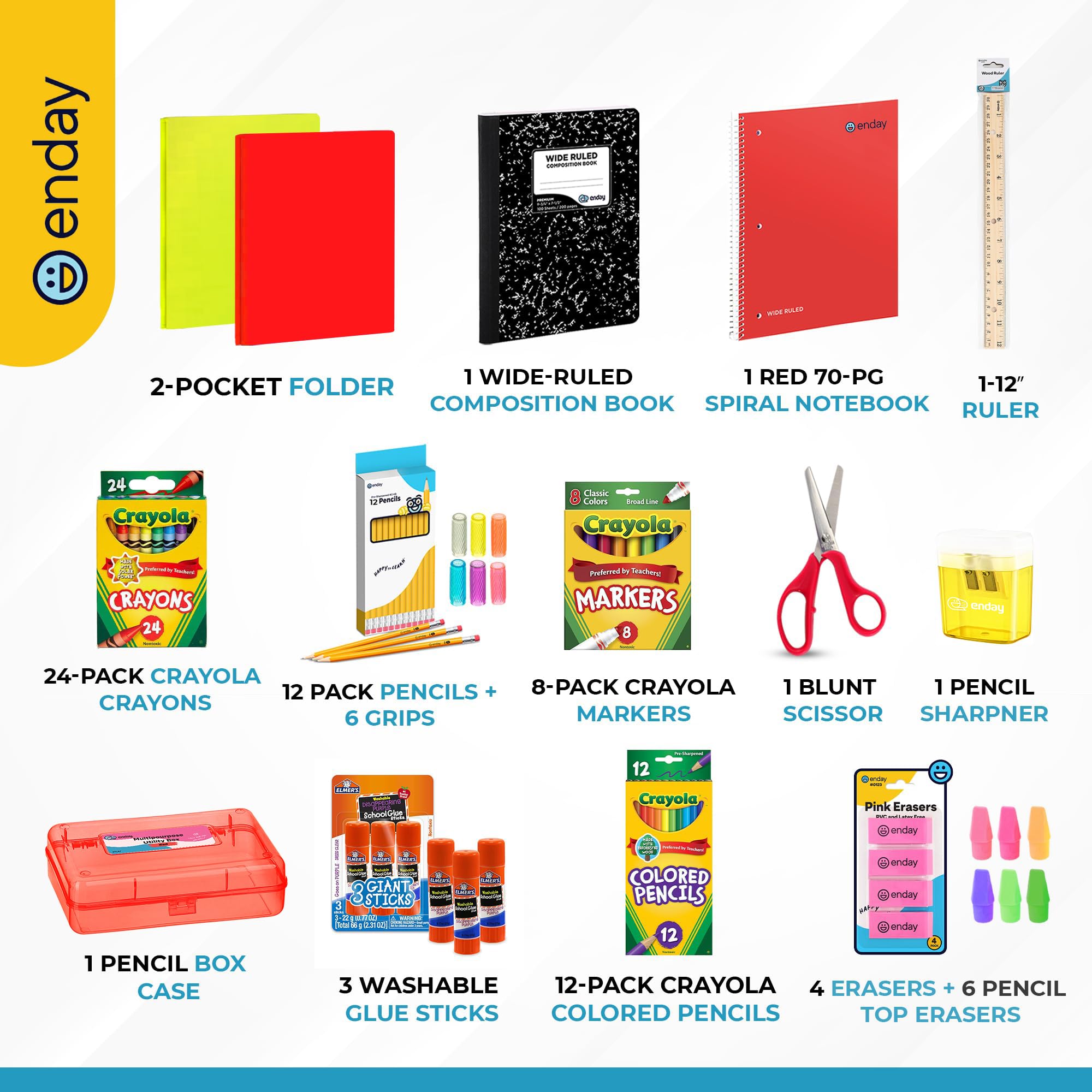 Enday open kit arrangement displaying organized school supplies for immediate use