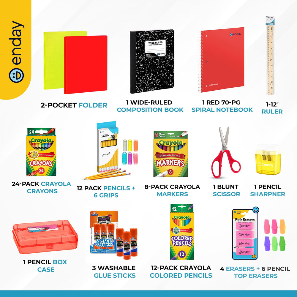 Enday open kit arrangement displaying organized school supplies for immediate use