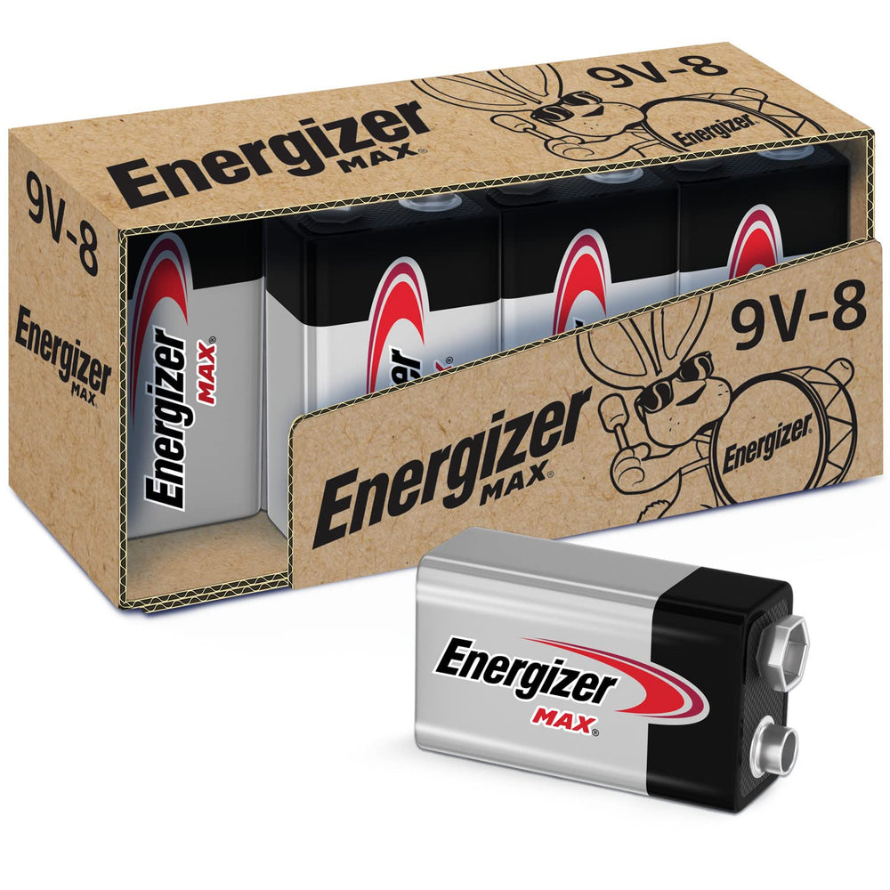 Energizer 9V front packaging showing eight batteries and product benefit