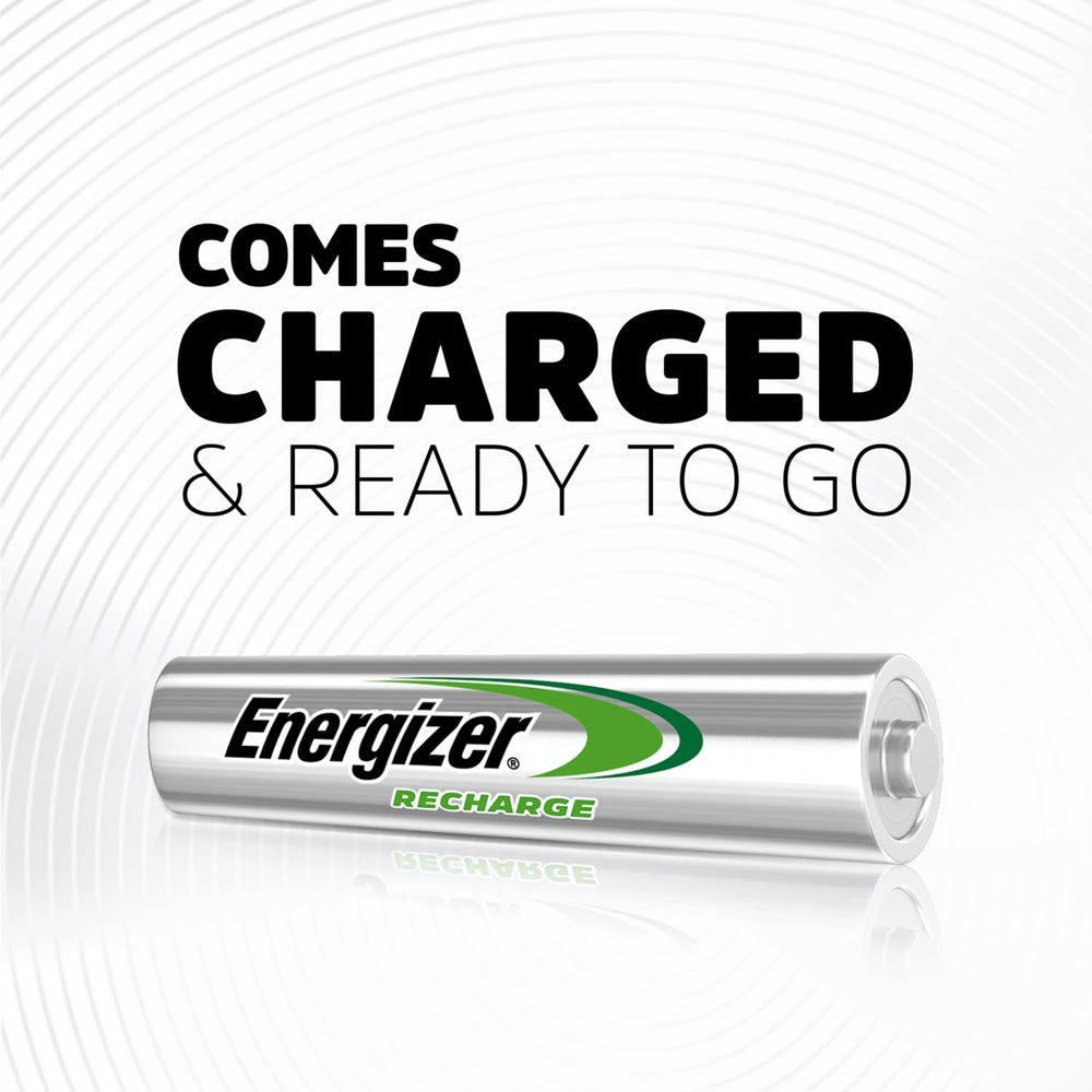 Energizer AAA stacked to highlight brand label and recycled-material claim