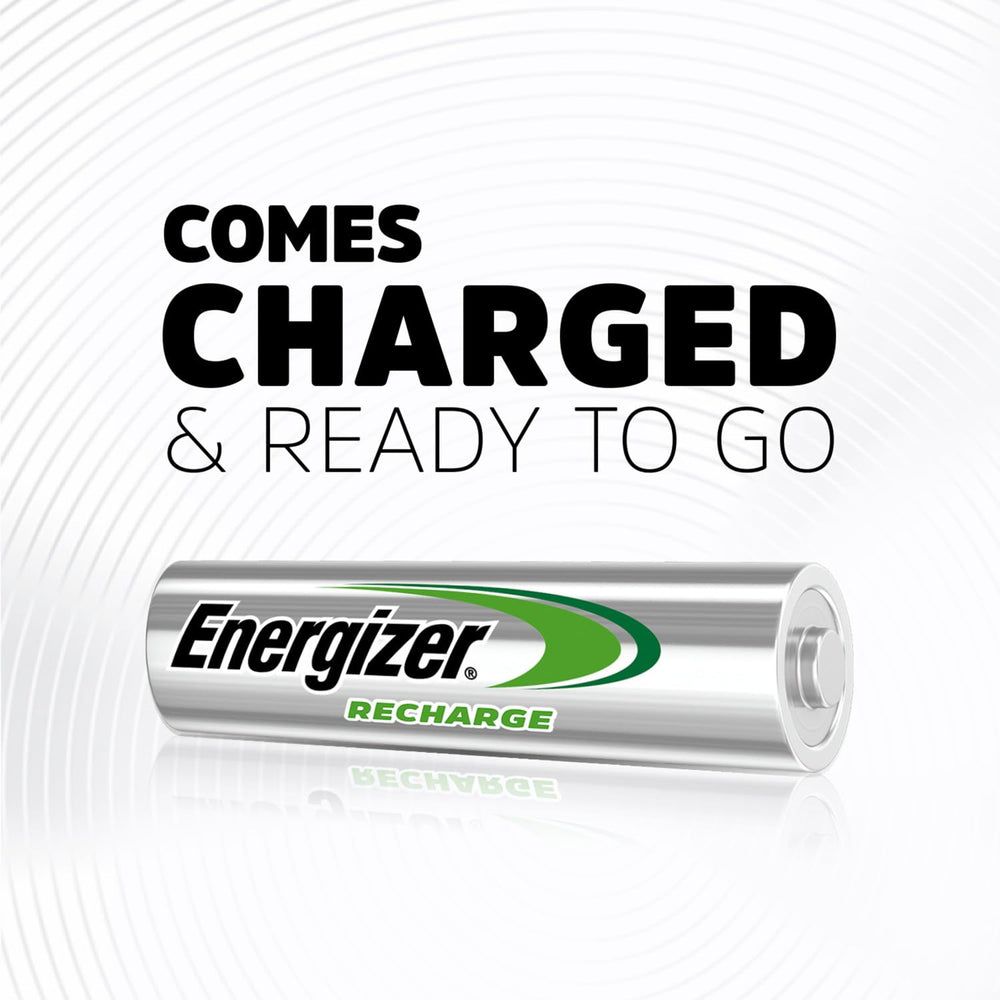 Energizer batteries staged with charger showing quick recharge convenience