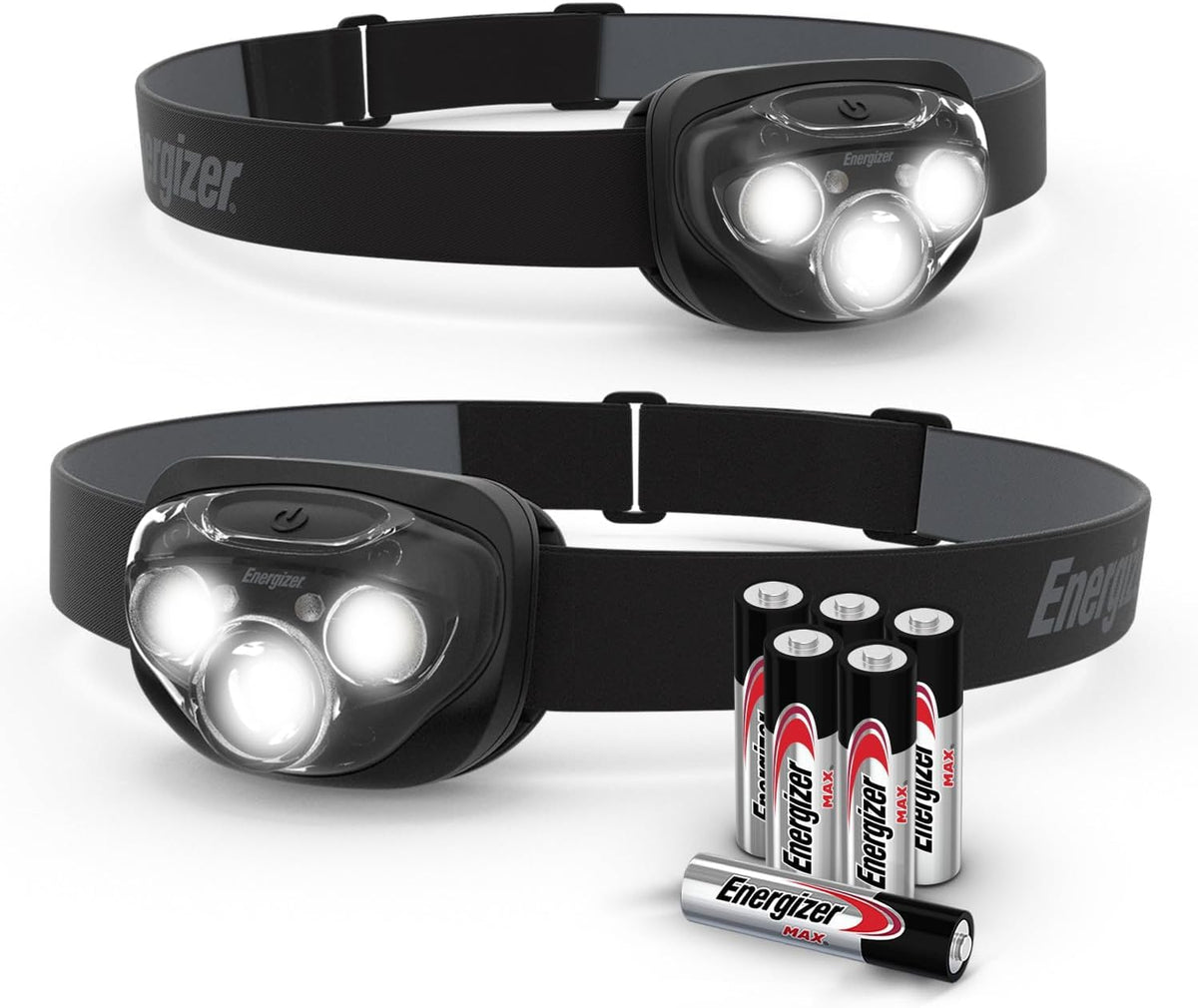 Energizer headlamp PRO front packaging showing two lamps and included batteries for instant use
