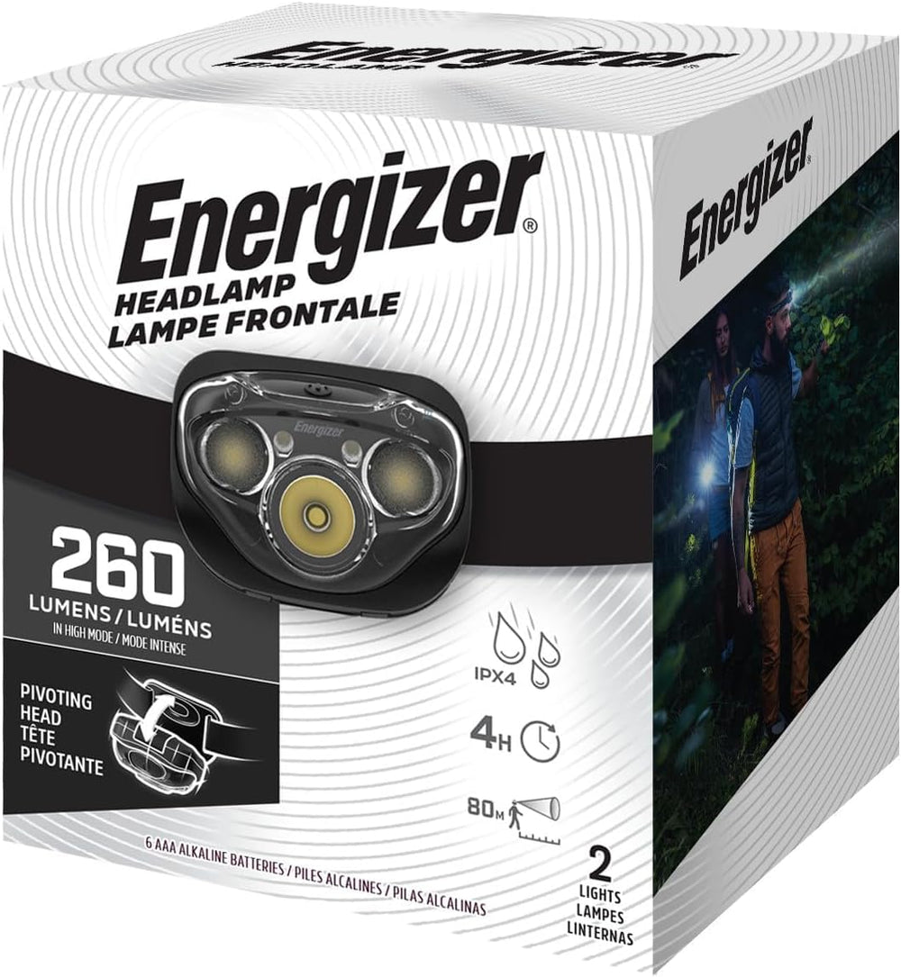 Energizer headlamp PRO two-pack laid flat with batteries to show contents and immediate readiness