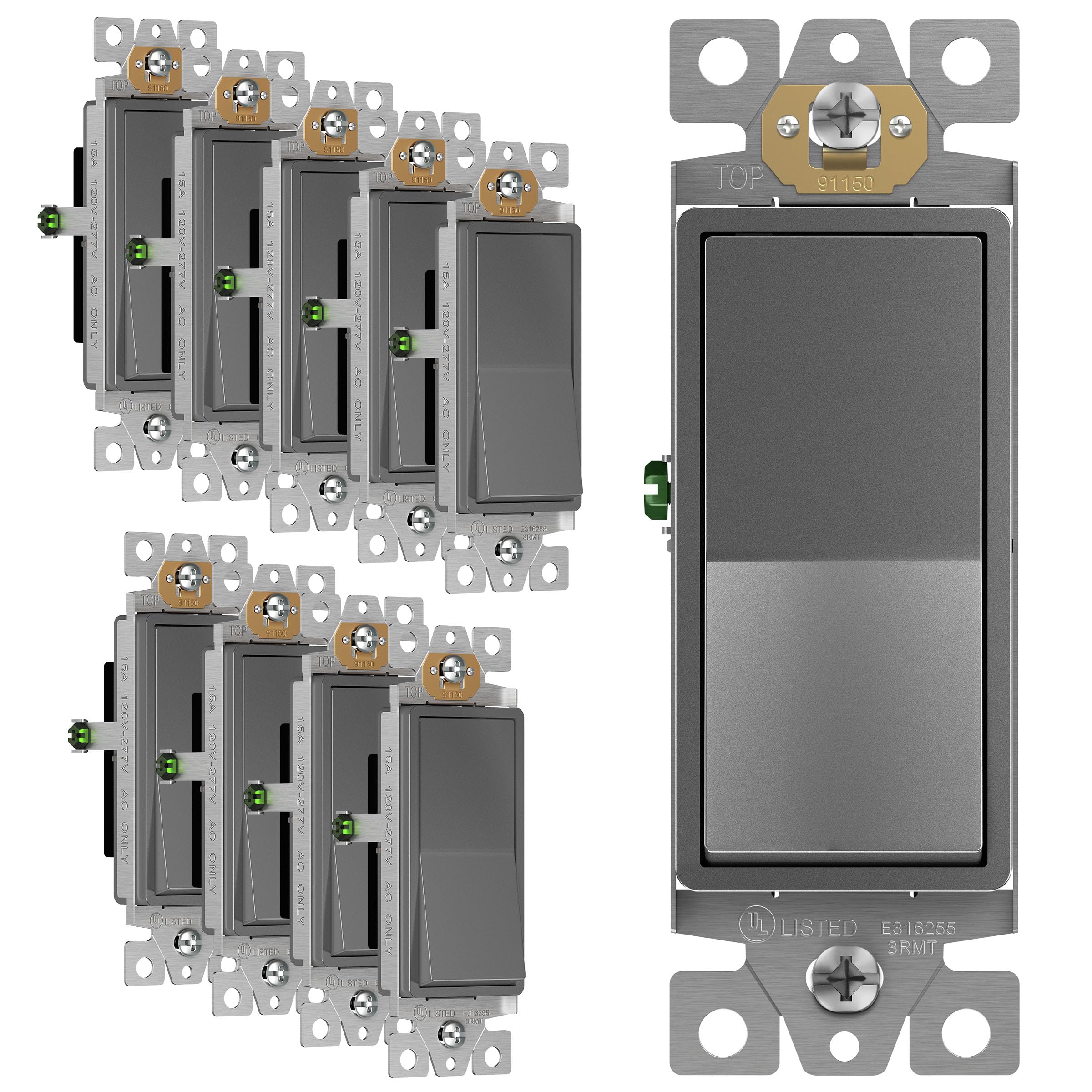 ENERLITES front view of space gray switch showing modern metallic finish and sleek look