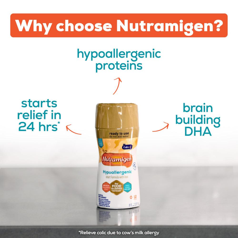 Enfamil Nutramigen bottle being poured for quick, convenient feeding