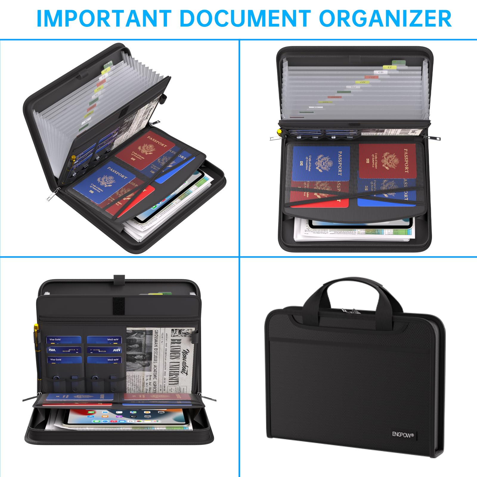 ENGPOW open interior showing 13 expanding pockets and labeled dividers for fast organized document access