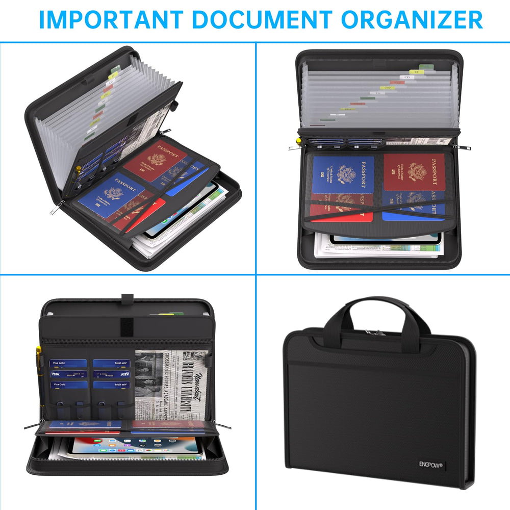 ENGPOW open interior showing 13 expanding pockets and labeled dividers for fast organized document access