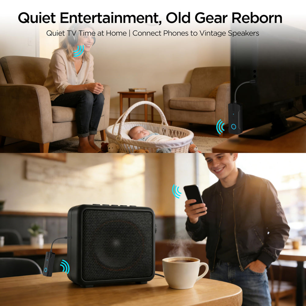 Enhanlife in use on an airplane seat transmitting audio to two Bluetooth headsets