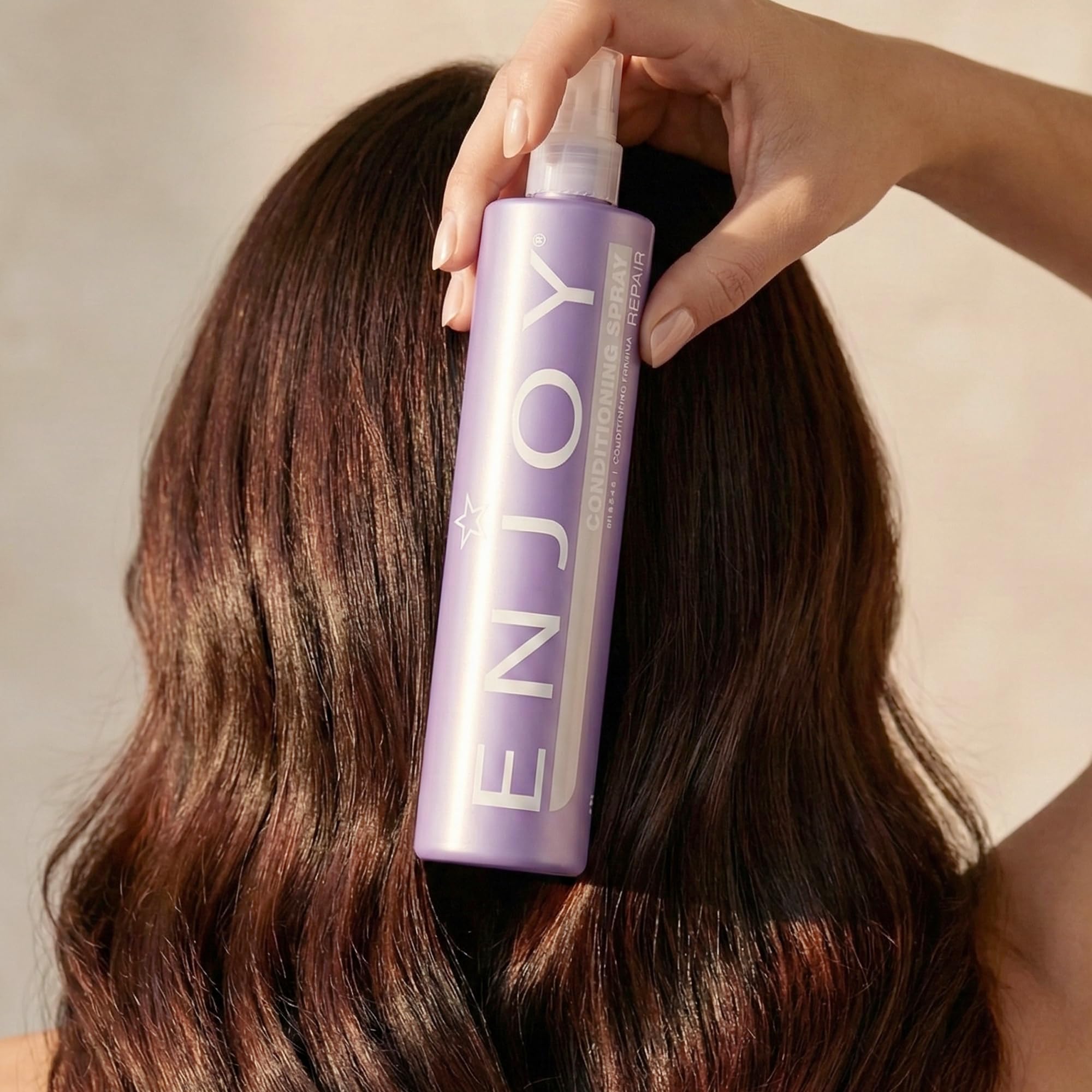 Enjoy conditioning spray on bathroom shelf lifestyle scene for daily routine