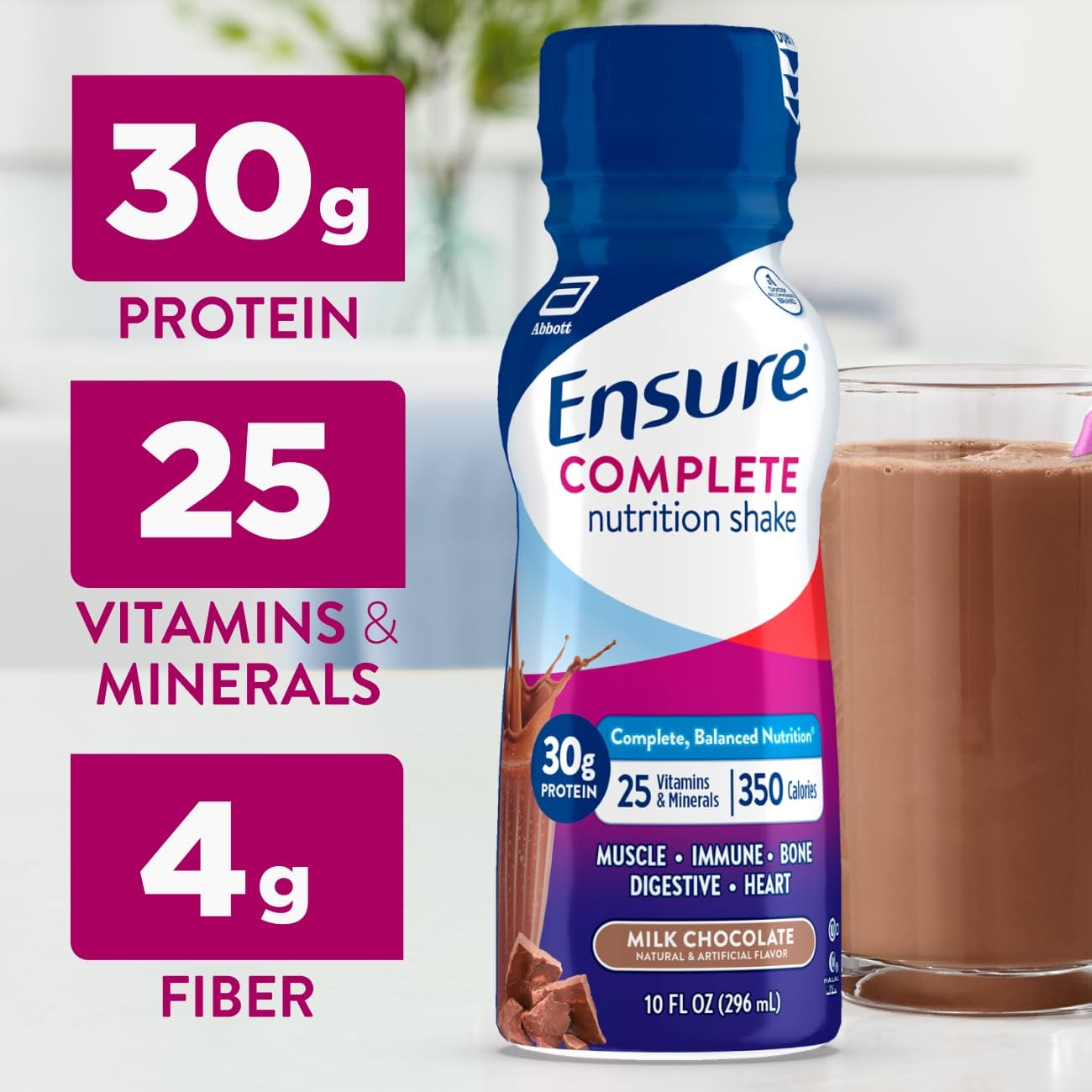 Ensure bottle close-up showing creamy chocolate texture and rich taste benefit