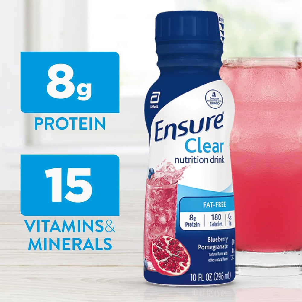 Pouring Ensure Blueberry Pomegranate into a glass for easy sipping and convenience