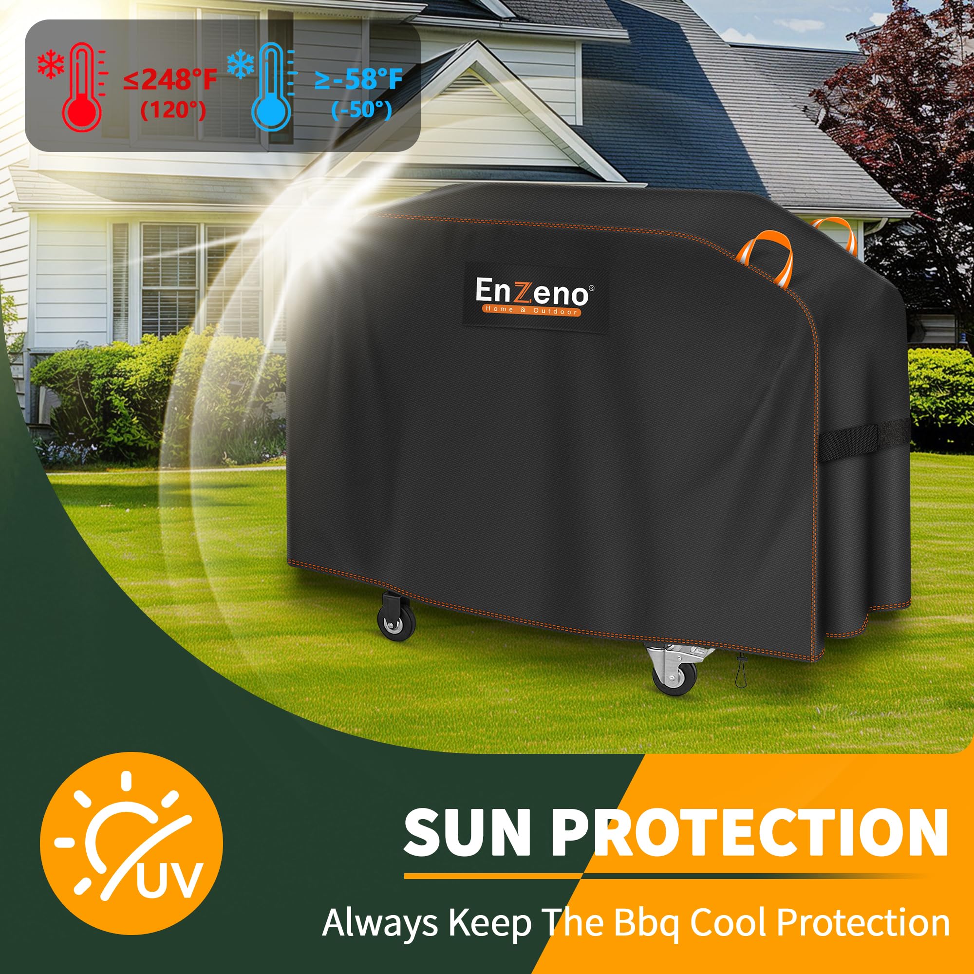 Enzeno cover on grill in backyard illustrating weatherproof outdoor protection
