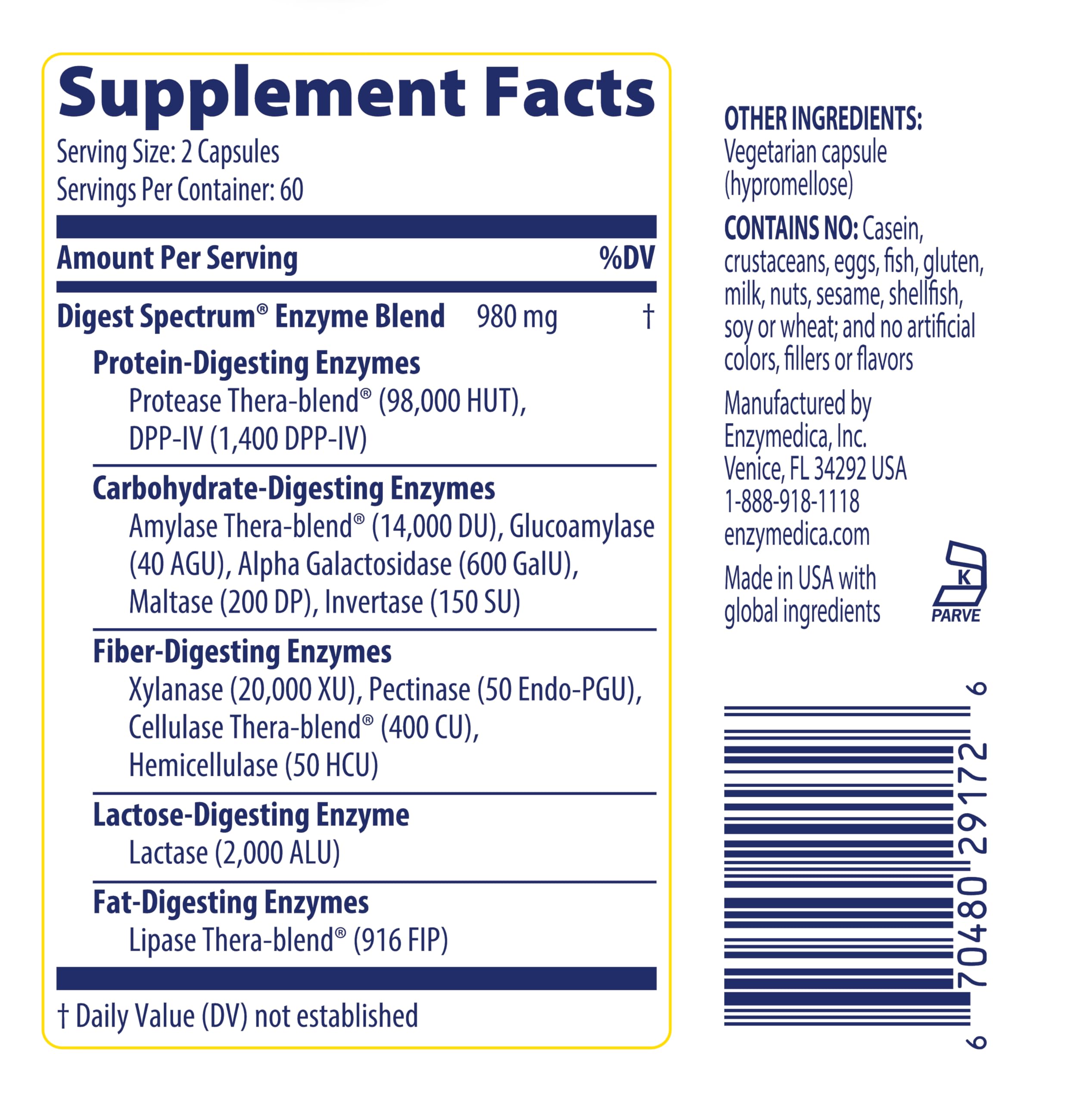 Open Enzymedica Digest Spectrum bottle with capsules spilling out to show capsule count and form