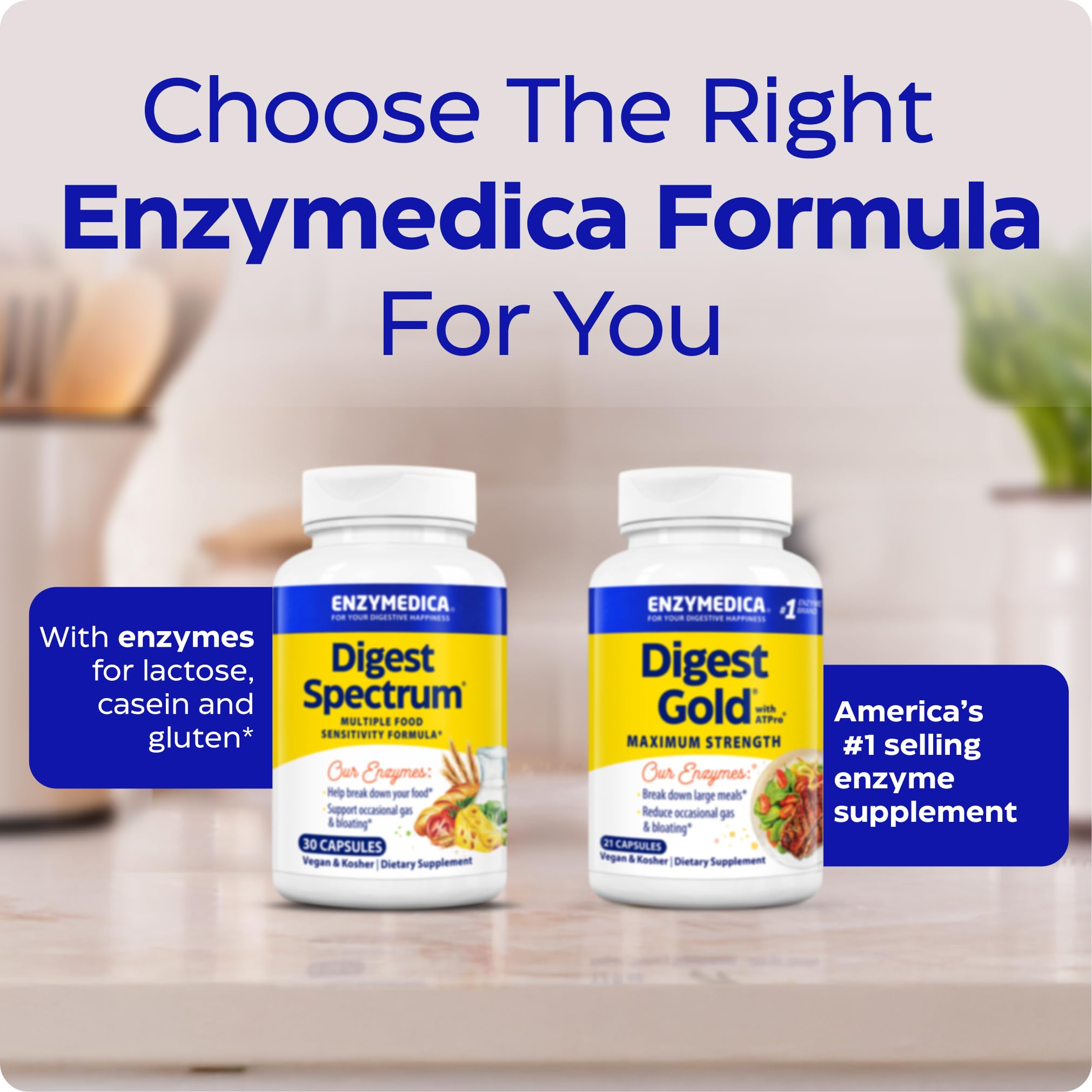 Enzymedica Digest Spectrum beside a balanced meal demonstrating digestive support during eating