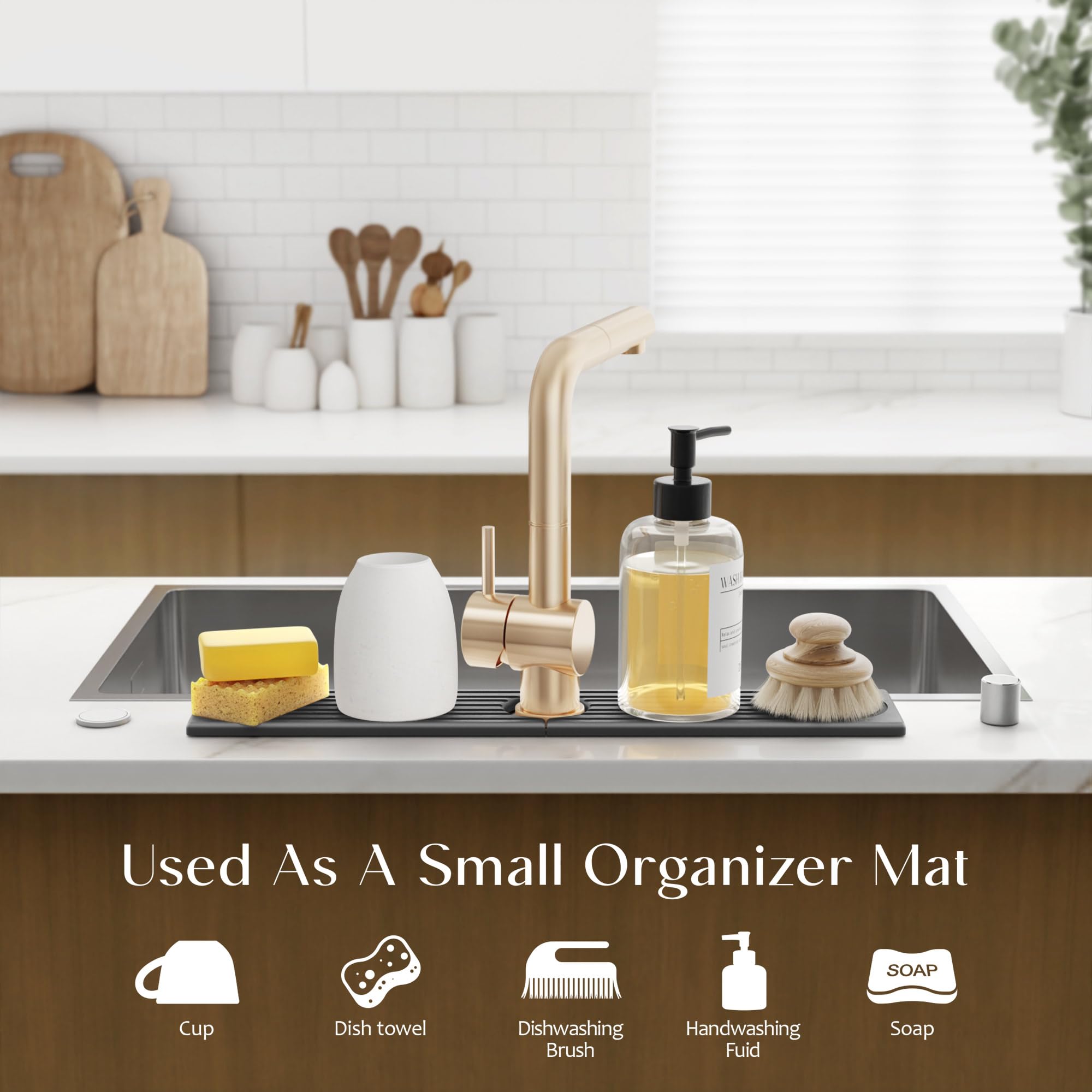 eormoe mat holding soap dispensers and sponge keeping countertop dry and organized