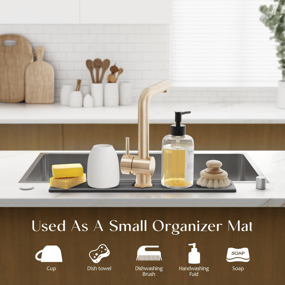 eormoe mat holding soap dispensers and sponge keeping countertop dry and organized