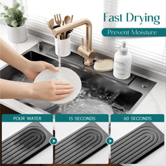eormoe installed on kitchen sink around faucet capturing splashes for a dry countertop