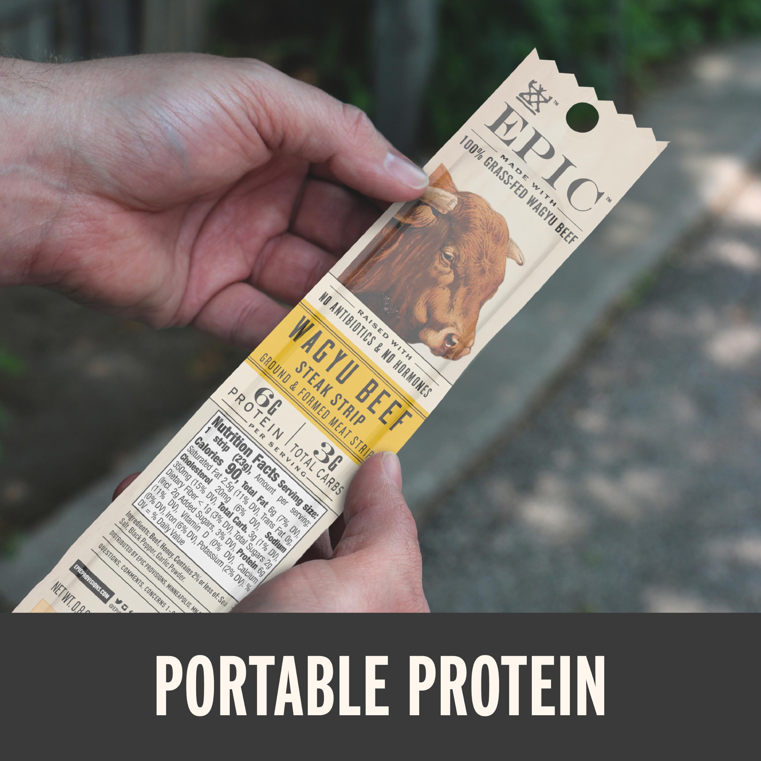 EPIC Wagyu strips packed in backpack for easy travel fuel