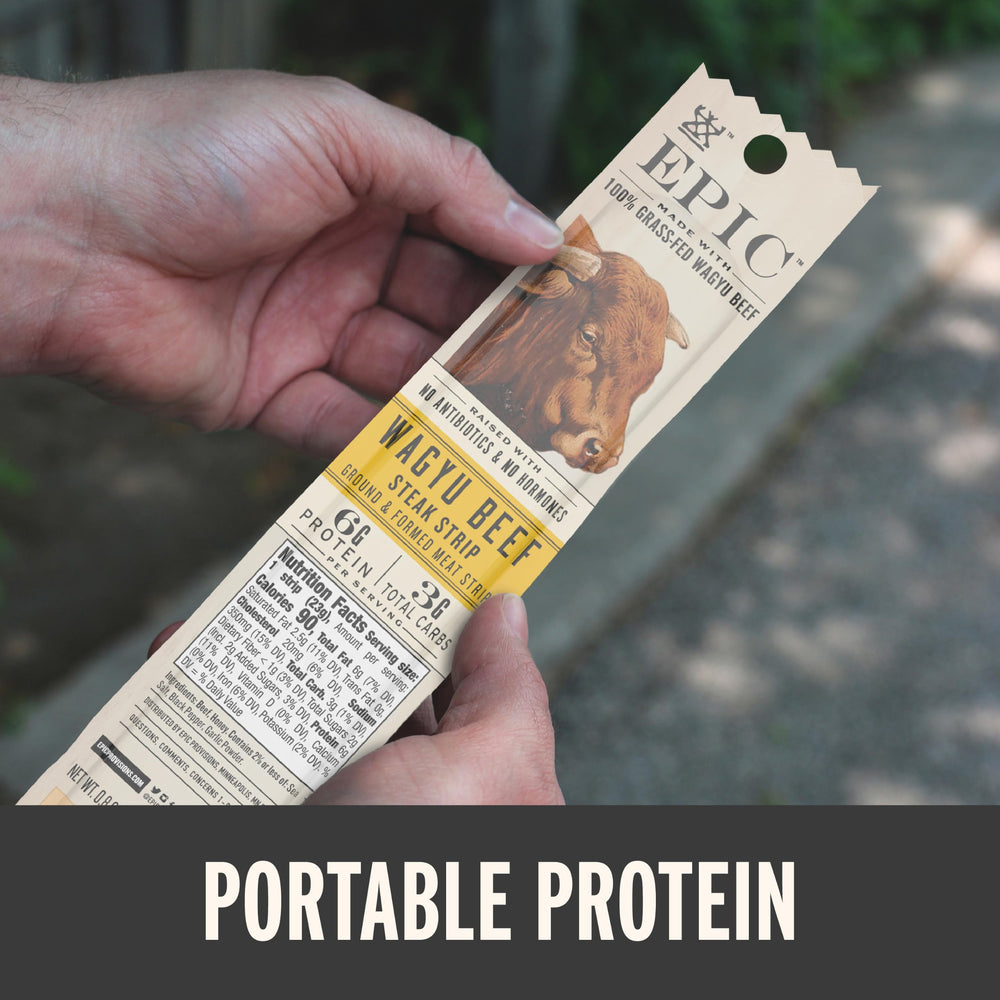 EPIC Wagyu strips packed in backpack for easy travel fuel