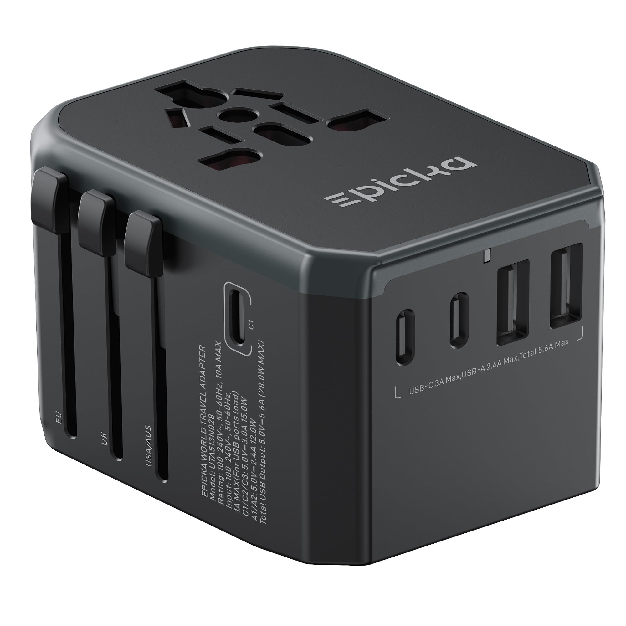EPICKA adapter front view showing AC socket and ports for versatile charging
